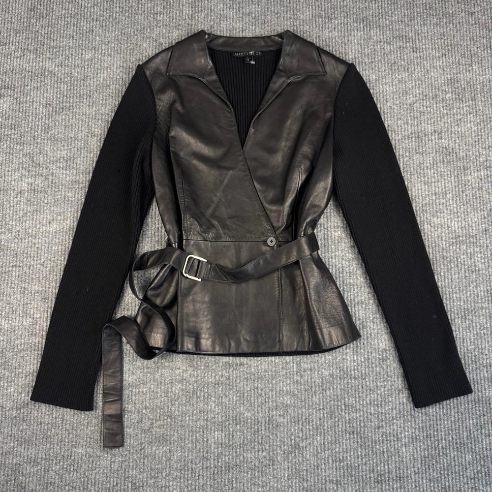 Lafayette 148 New York Jacket Womens L Leather Rib Knit Belted Wrap Style Moto